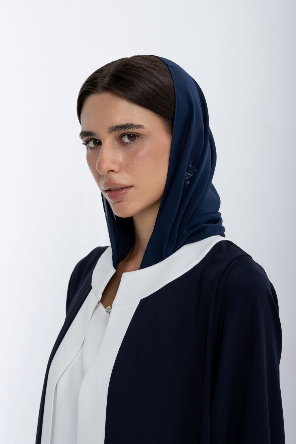 Elegant Selected Lines luxury women's abaya in navy with a stylish white collar and matching hijab