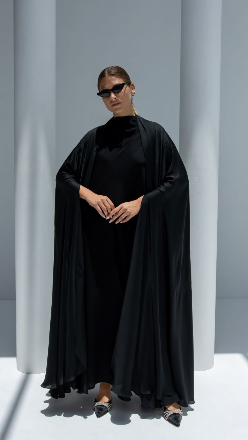 Front view of Mermaid Abaya in black silk with flowing mermaid cut design | Selected Lines