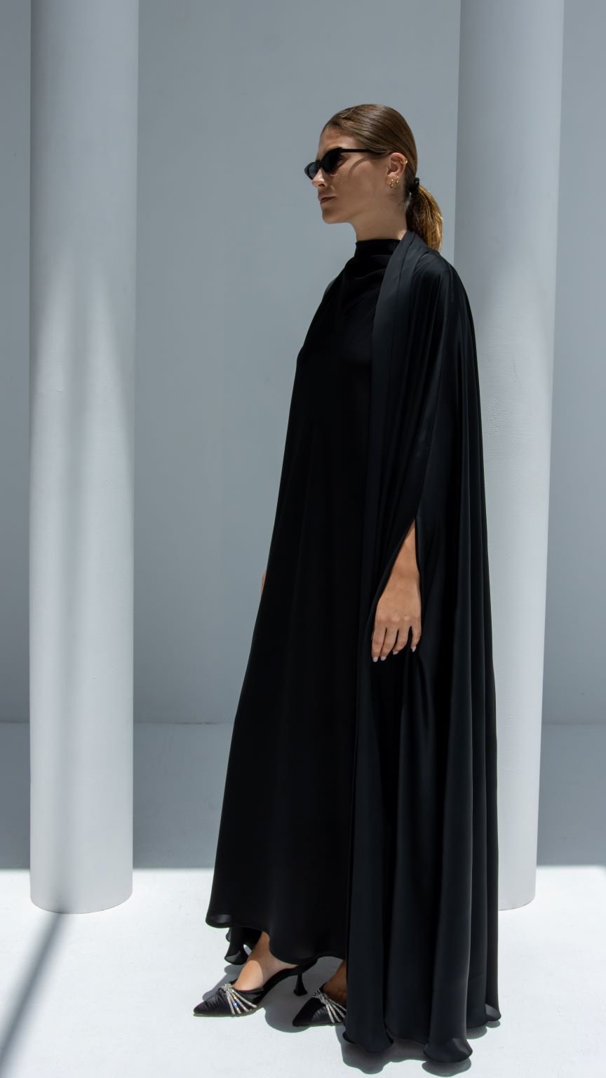 Side profile of Mermaid Abaya highlighting the graceful mermaid cut and smooth silk texture | Selected Lines