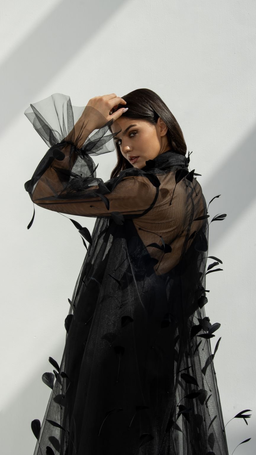 Back view of Plume Abaya showcasing the elegant feather detailing and tulle material | Selected Lines