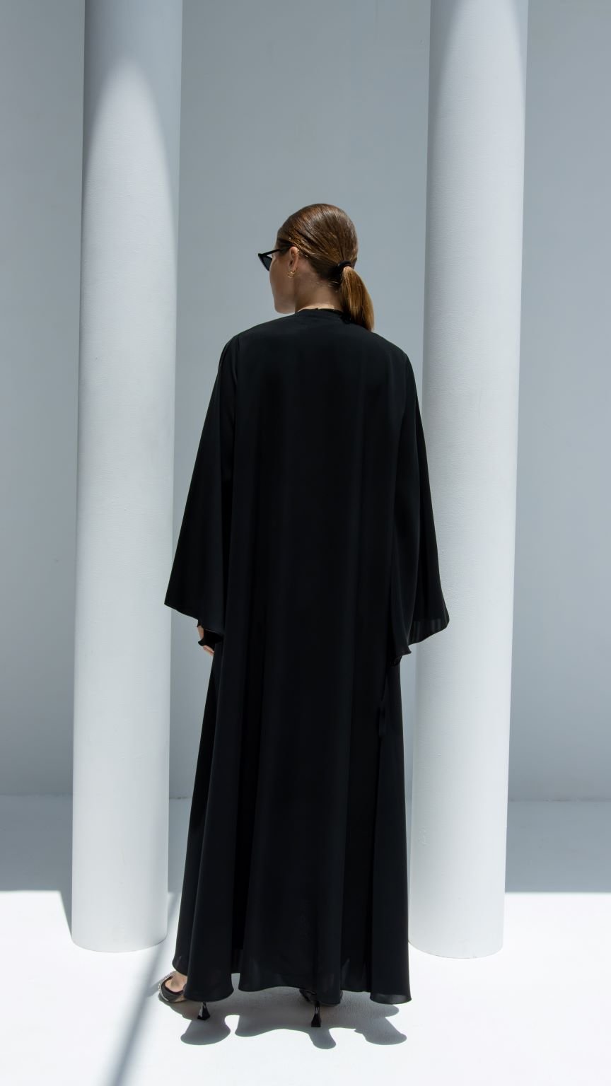 Back view of Pop-up Abaya showcasing A-line fit and elegant black Nada material | Selected Lines