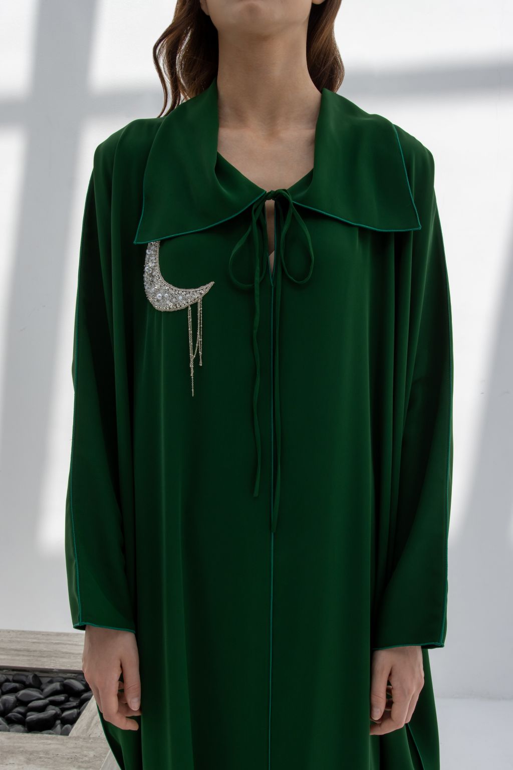 Elegant green Radaman Dress 2025 with a stylish collar and moon embellishment for a chic look