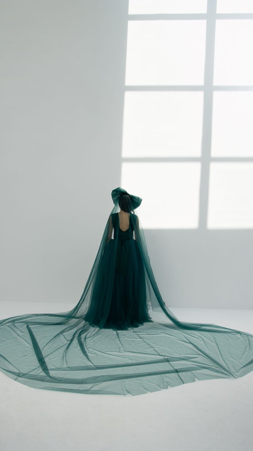 Elegant back view of a refined bow party dress with sheer overlay and flowing train