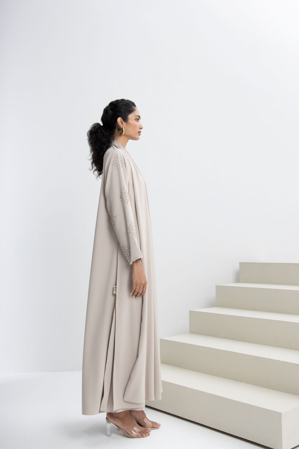 Selected Lines refined neutral evening abaya with elegant design and a flattering silhouette
