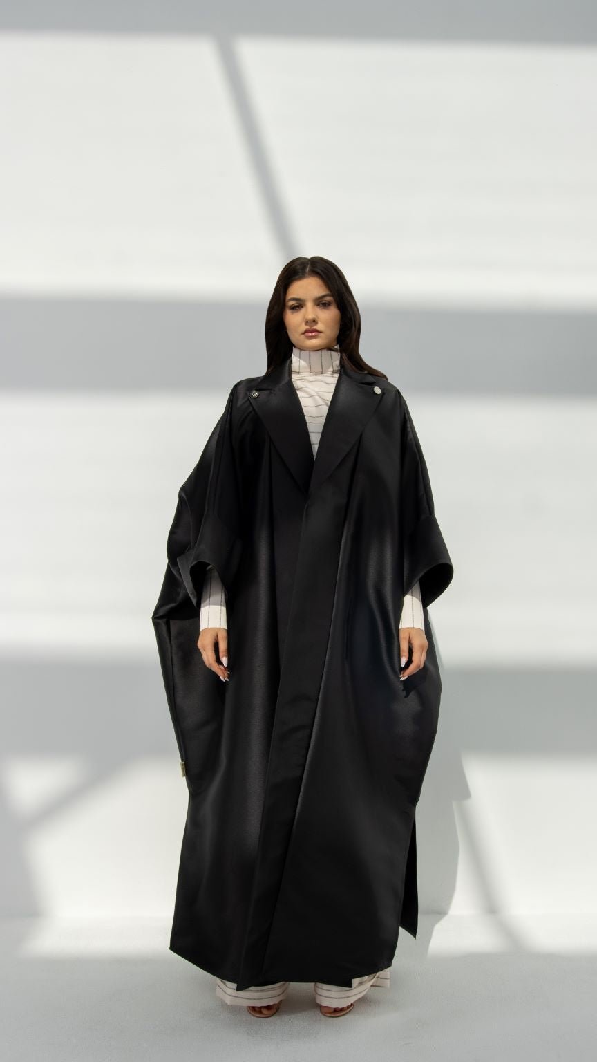Front view of Short Sleeve Abaya in black taffeta fabric with unique short sleeve design | Selected Lines