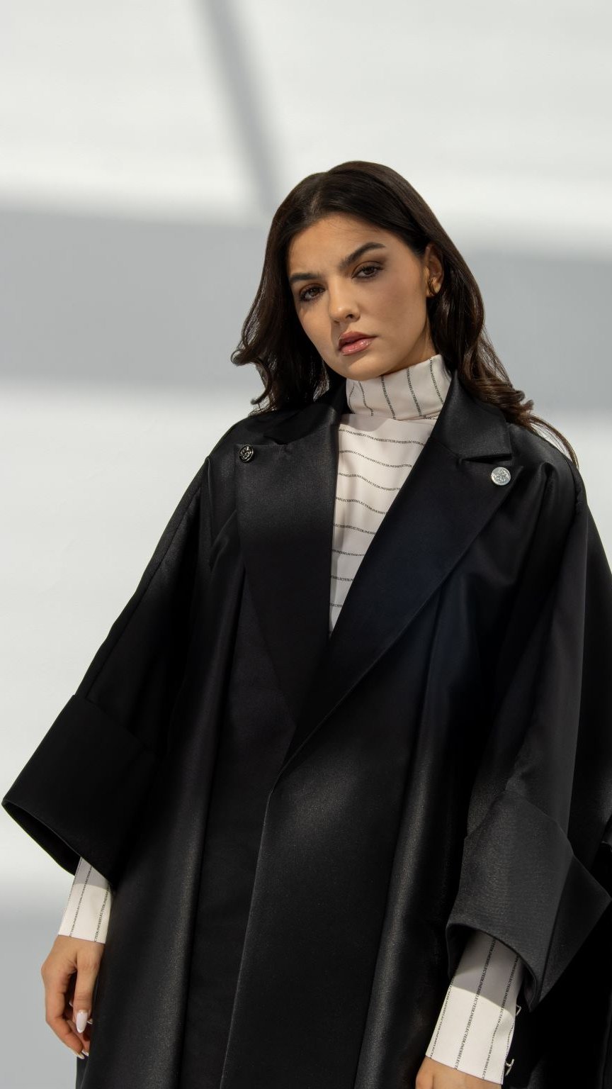 Full-length view of Short Sleeve Abaya in black taffeta fabric with unique sleeve design | Selected Lines