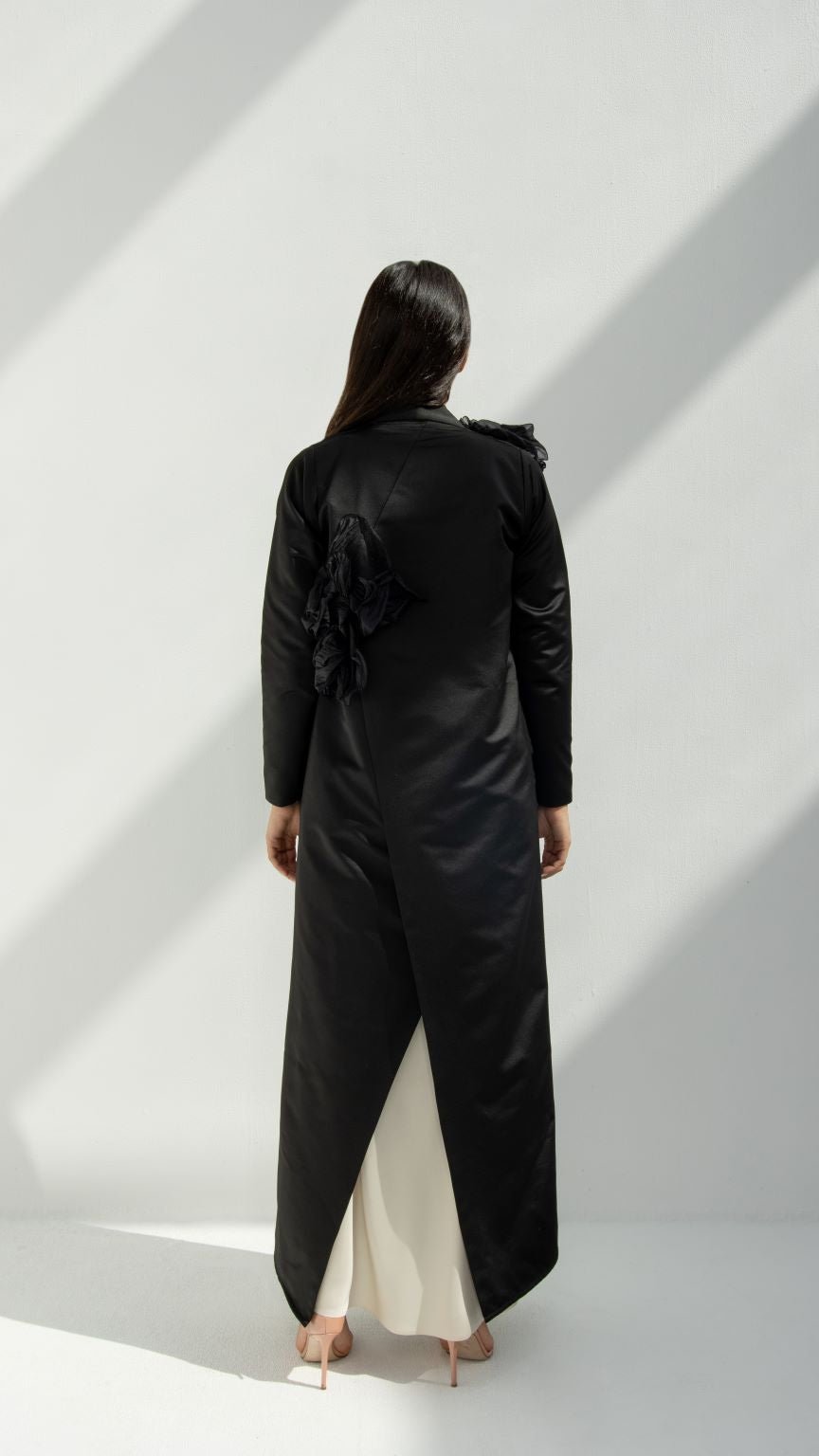 Back view of Shoulder Flower Abaya showcasing the coat cut and elegant design | Selected Lines