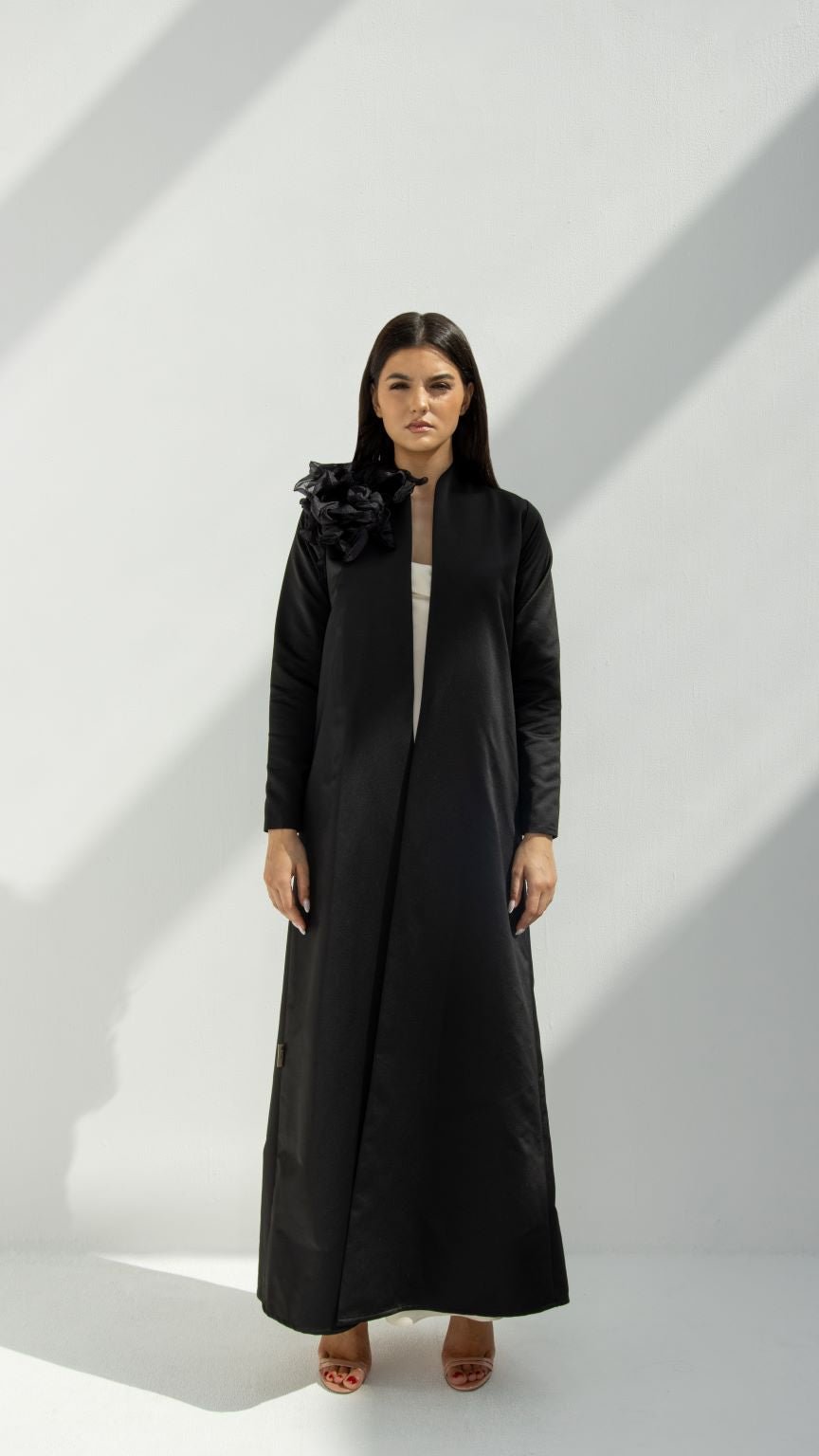 Front view of Shoulder Flower Abaya featuring 3D floral details in matte and shiny fabric | Selected Lines