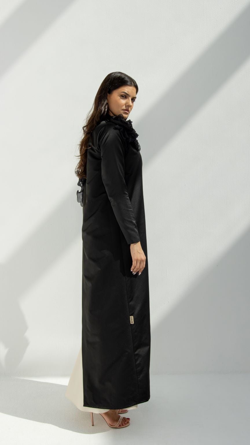 Side profile of Shoulder Flower Abaya highlighting the 3D floral embellishments and mid-weight fabric | Selected Lines