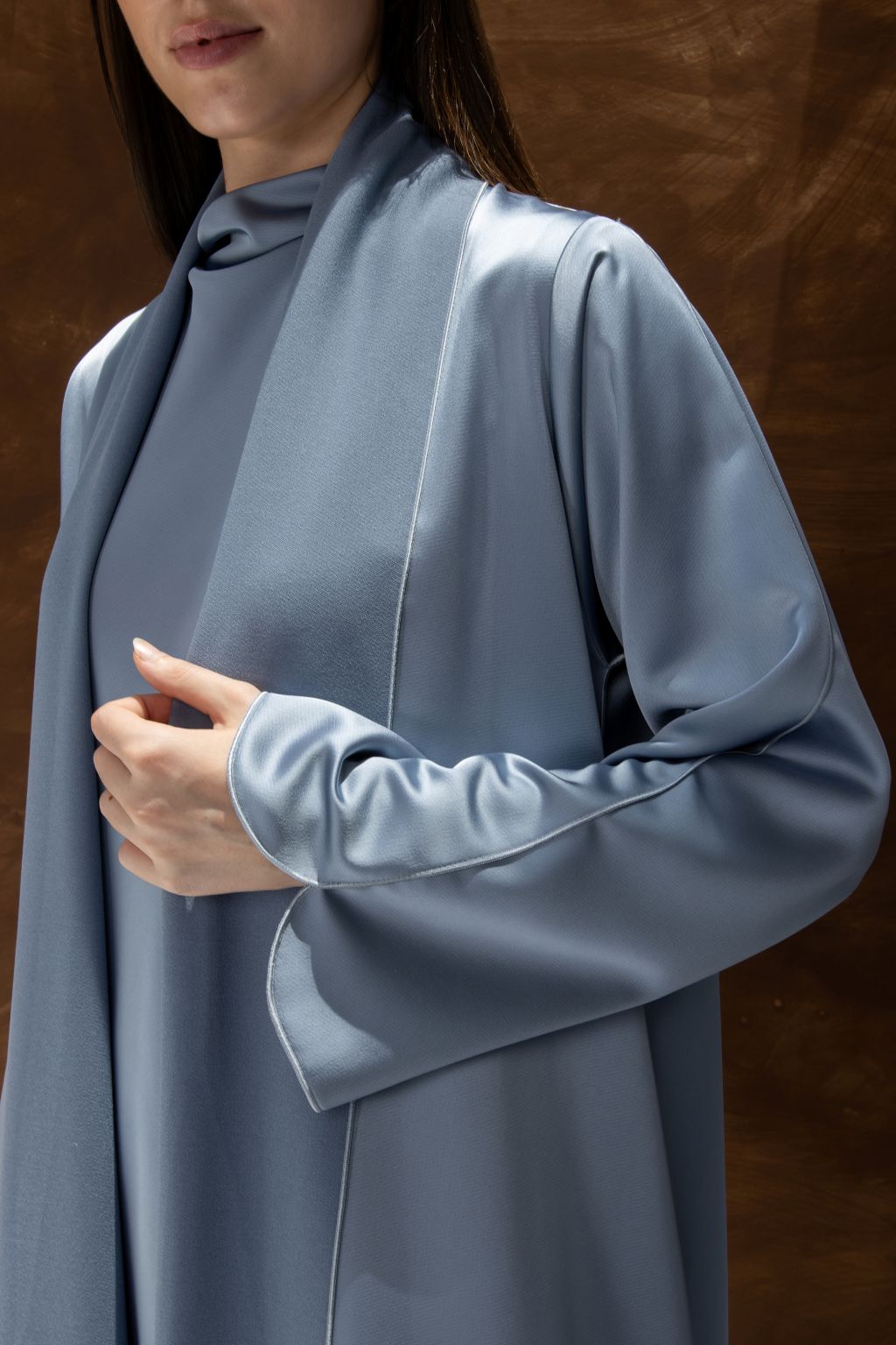 Selected Lines silhouette abaya with refined design in soft blue fabric with long sleeves