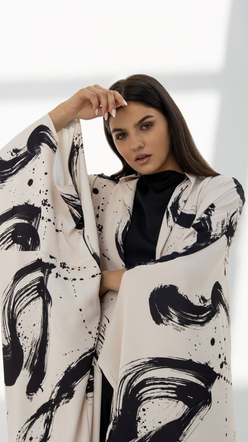 Front view of SLC Wide Abaya featuring exclusive paint-printed fabric in Bahraini design | Selected Lines