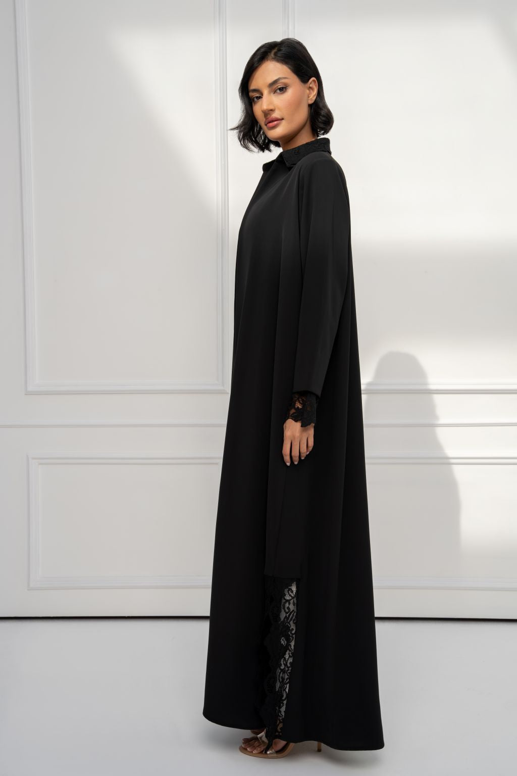 Selected Lines Solenne collar abaya in elegant black with lace detailing on sleeves