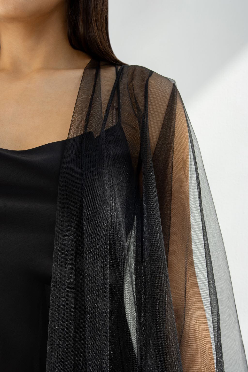 Close-up of Tulle Skirt Abaya’s non-stretch tulle fabric texture | Selected Lines