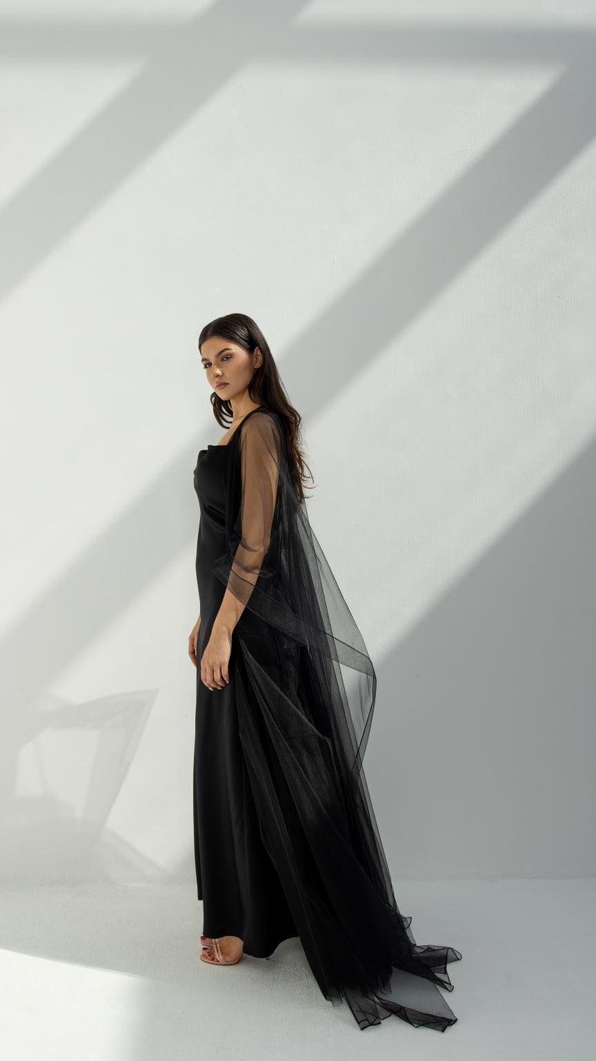 Side profile of Tulle Skirt Abaya highlighting the flowing tulle fabric | Selected Lines