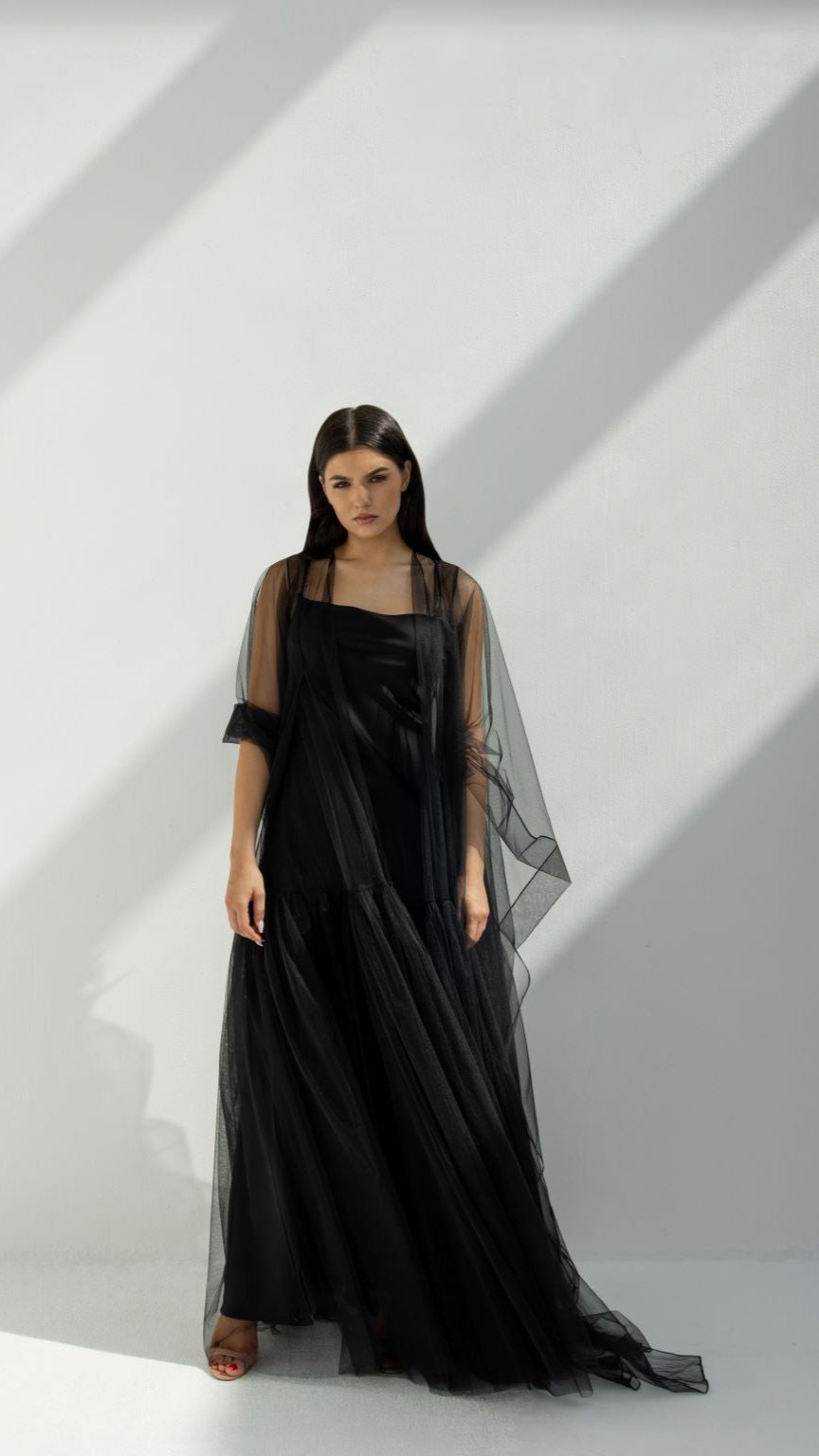 Tulle Skirt Abaya paired with matching dress, available as a set | Selected Lines