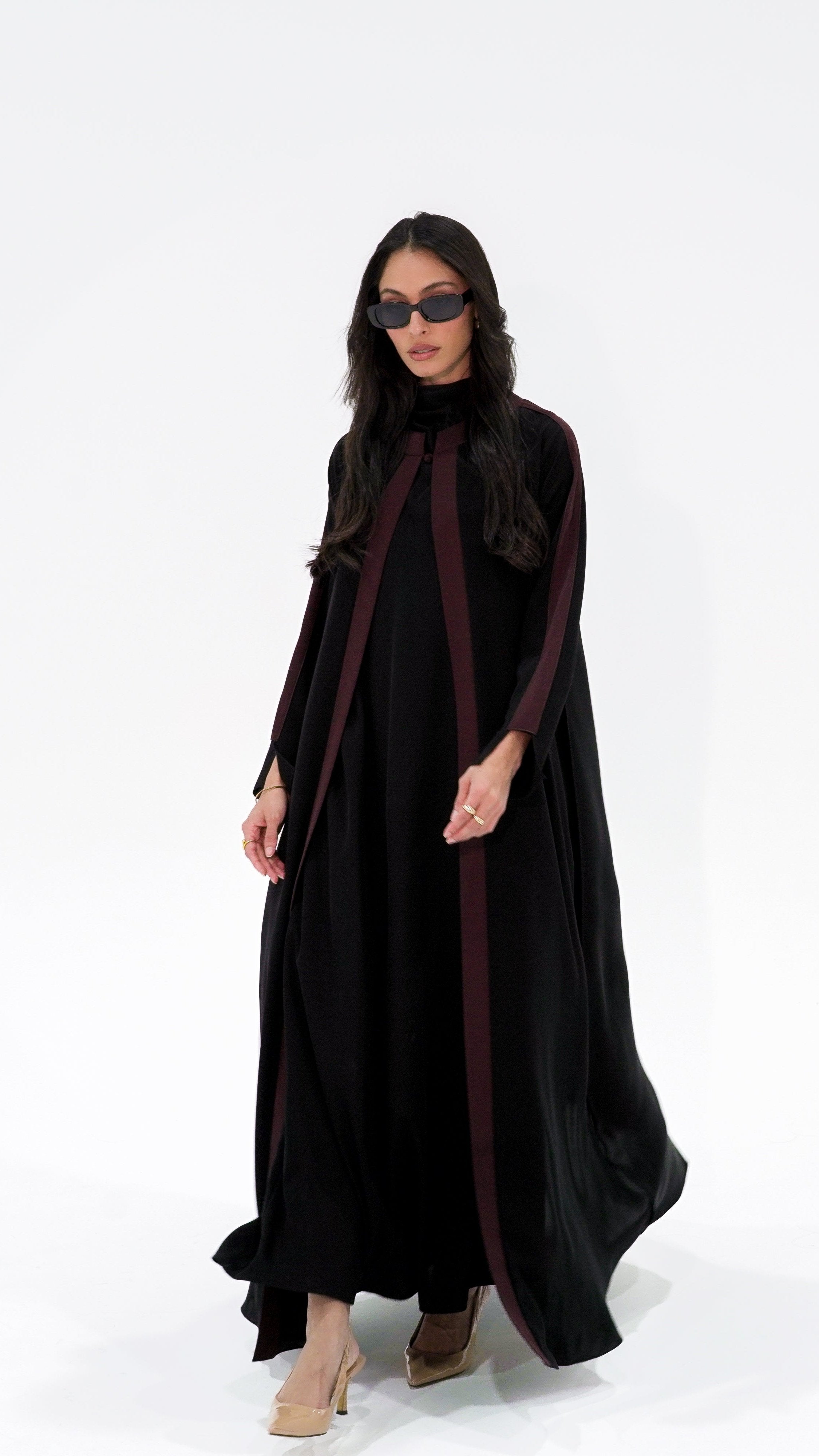 Elegant Two Shades Abaya in black with maroon stripes, perfect for stylish modest wear.