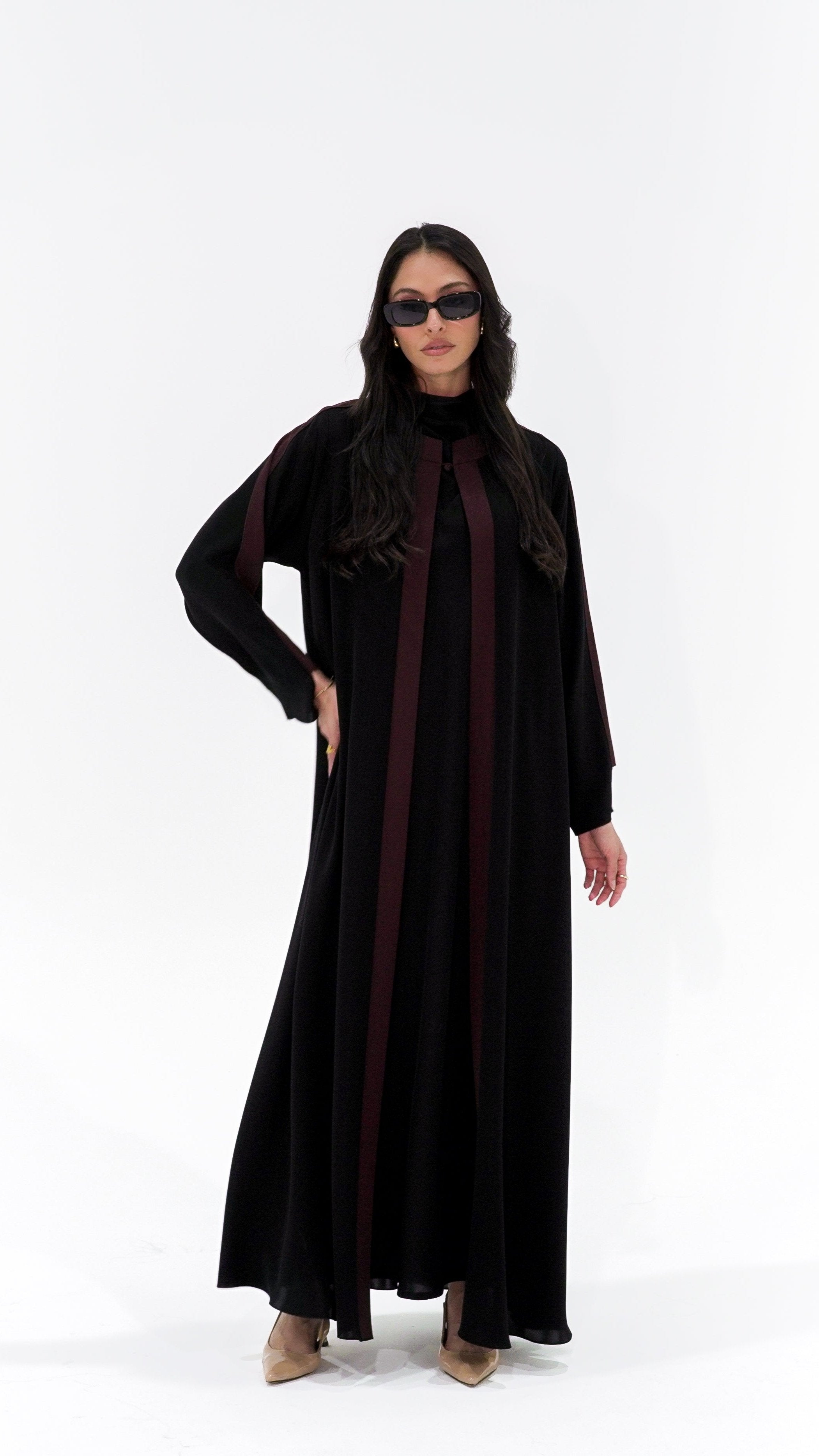 Elegant Two Shades Abaya with vertical stripes in black and burgundy for stylish modest wear