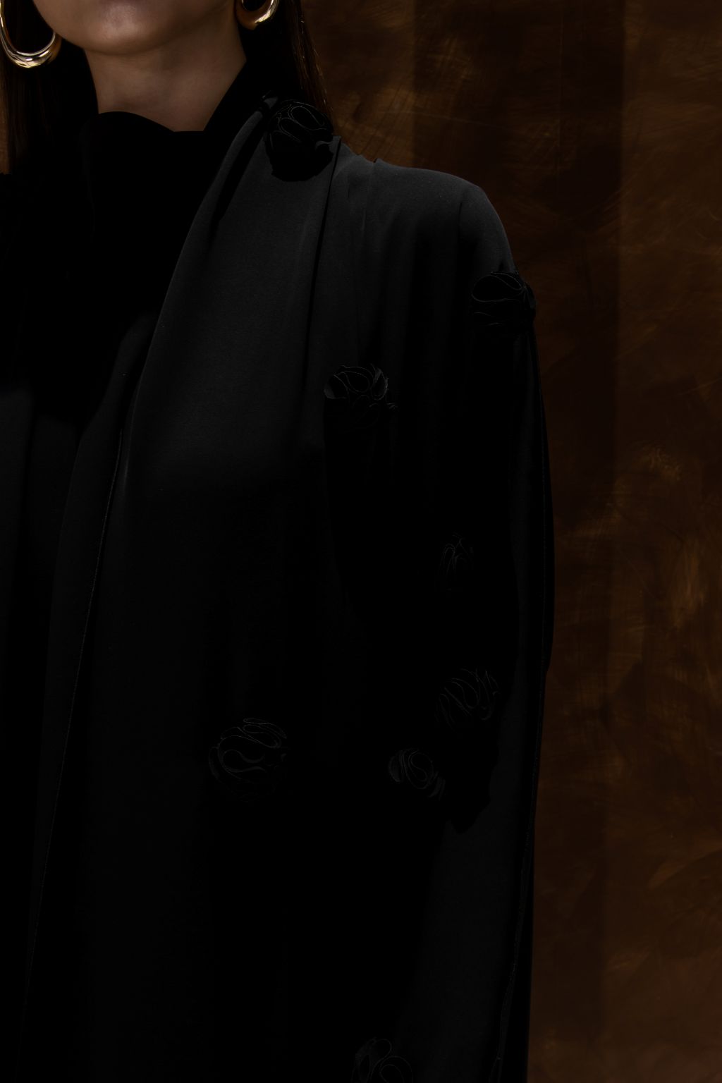 Selected Lines Blooming Bahraini abaya elegant design in black with floral embellishments