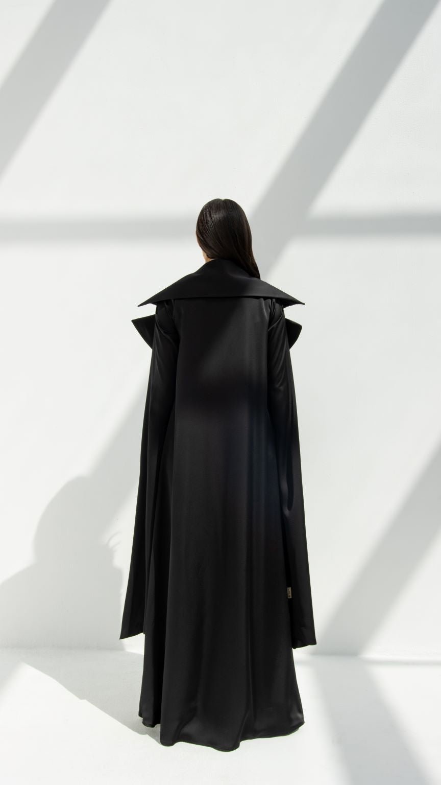Selected Lines black elegant abaya coat with wide collar and long flowing design shown from back