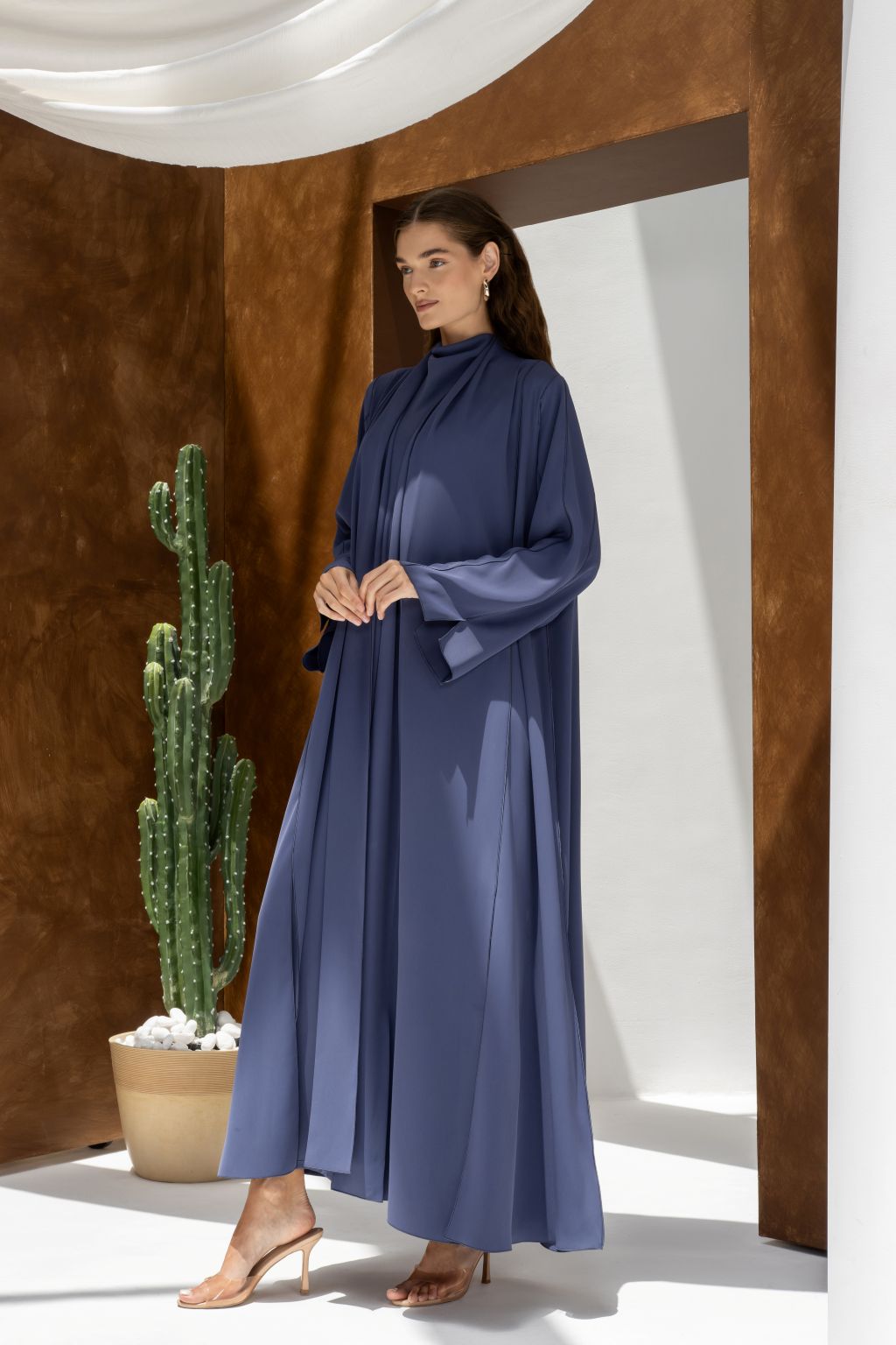 Selected Lines elegant long sleeve dress abaya in navy blue with flowy fabric and high neckline