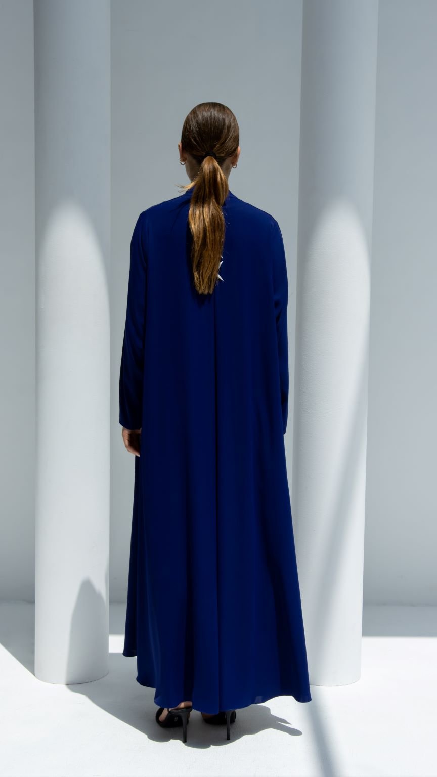 Back view of X-Abaya showcasing A-line fit and minimalist style | Selected Lines