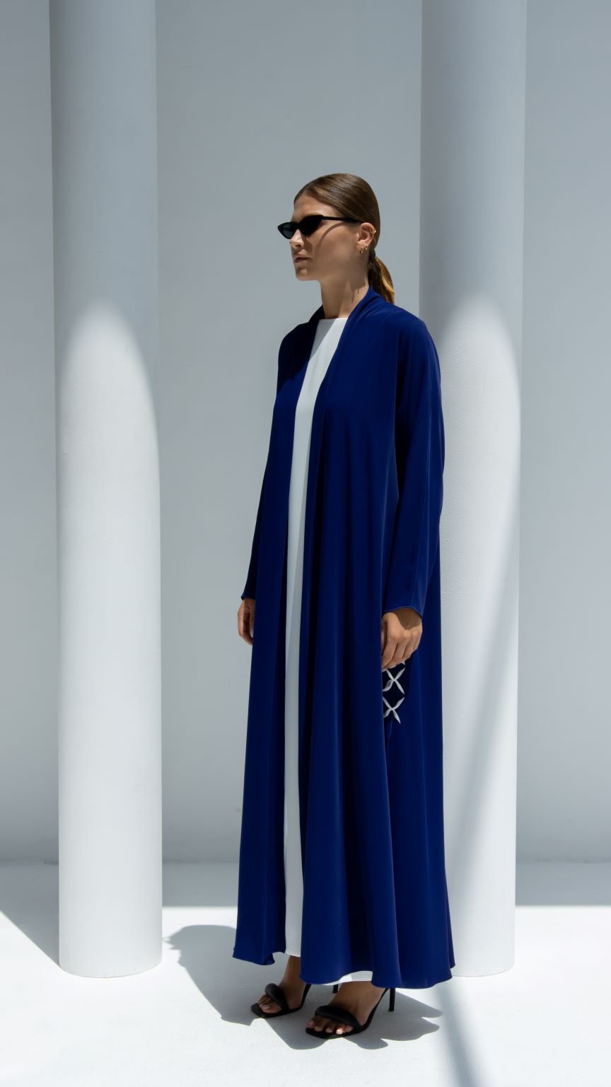 Side profile of X-Abaya highlighting the side open feature and sleek silhouette | Selected Lines