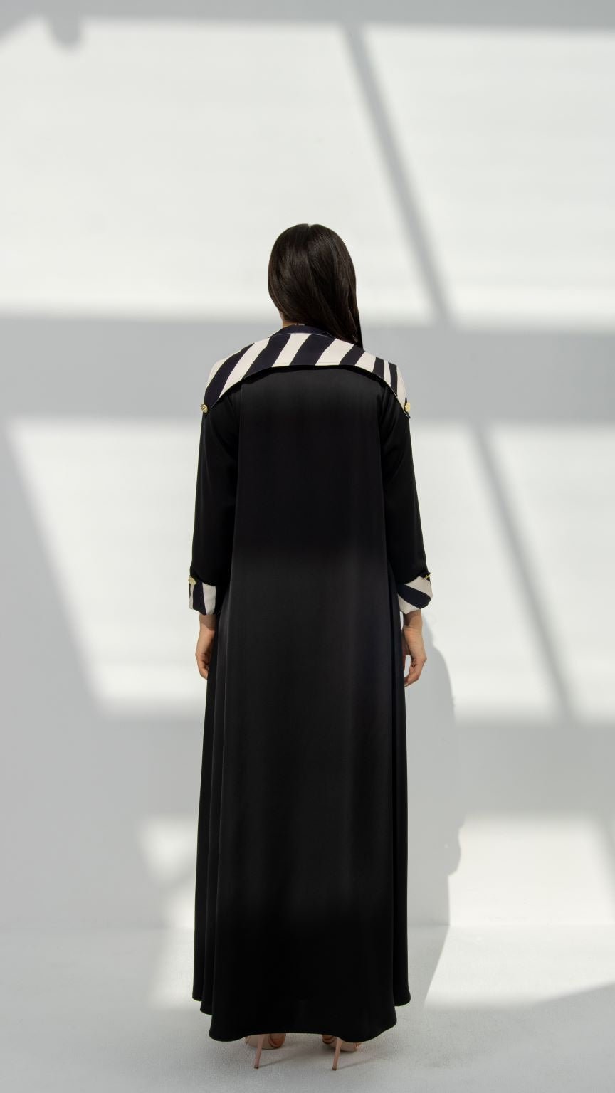 Back view of Zebra Abaya showcasing the blazer cut and A-line design | Selected Lines