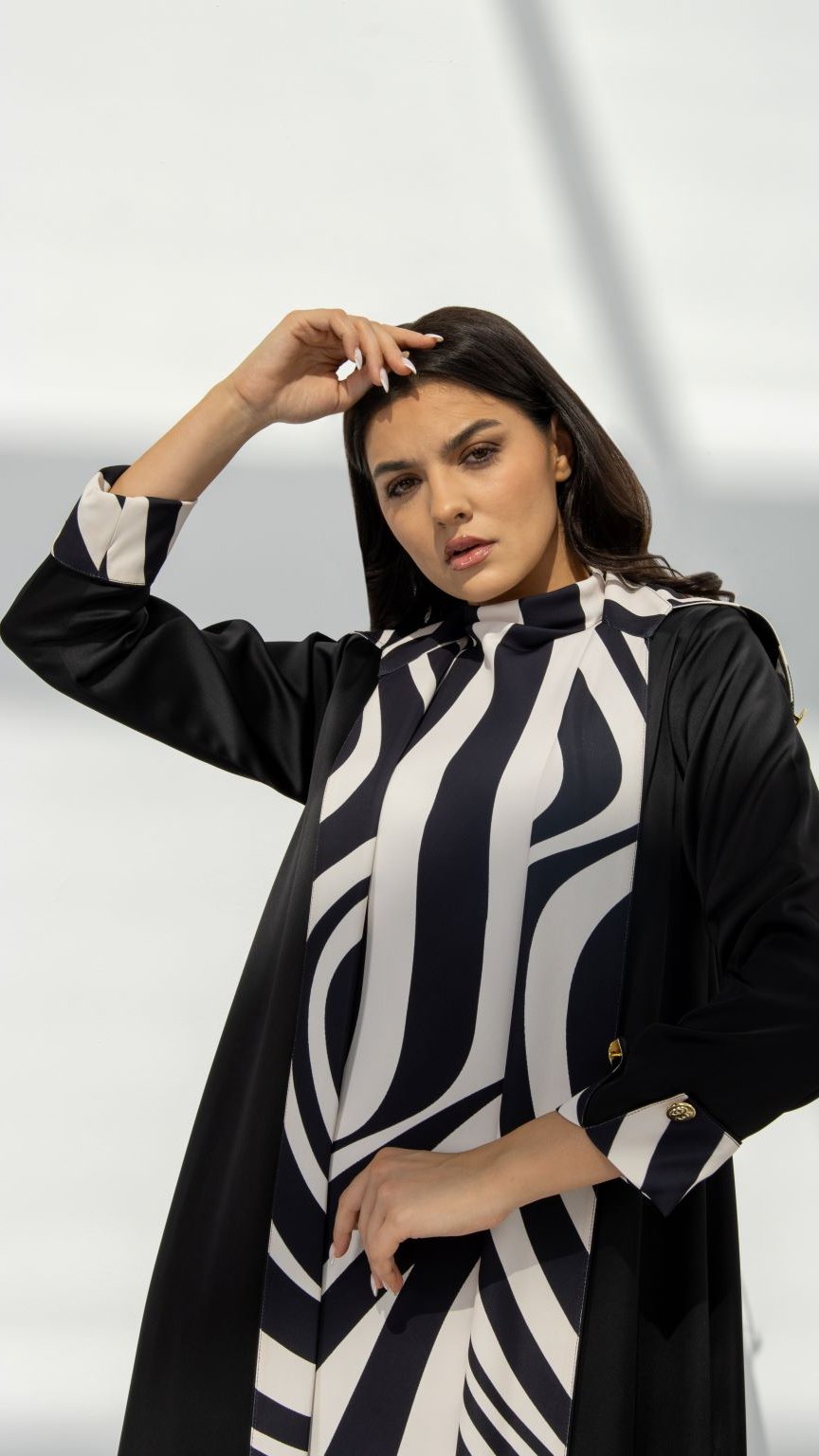 Zebra Abaya paired with matching dress, featuring black crepe fabric and signature Z print | Selected Lines