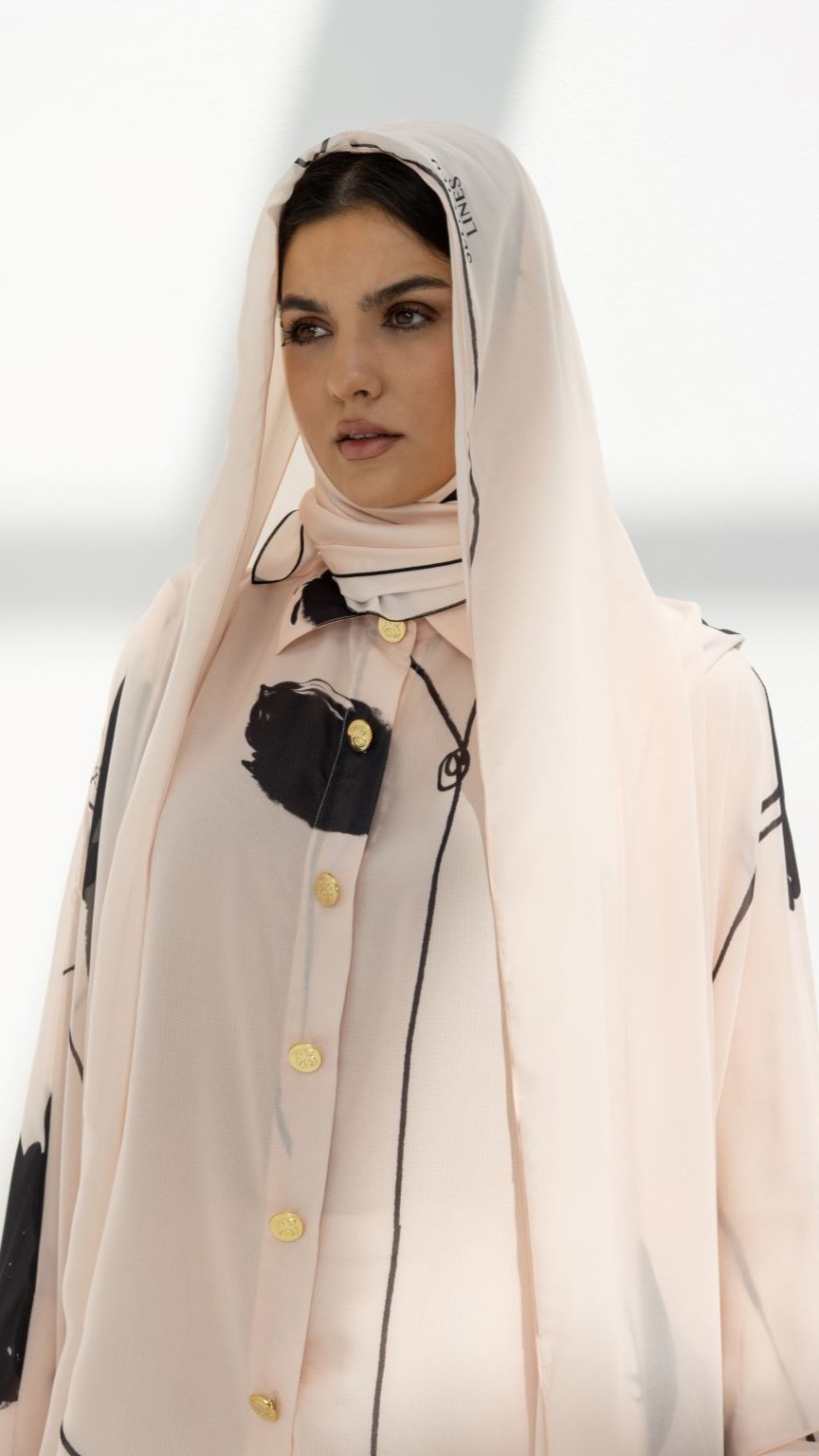 Complete set of Modest Hoodie Abaya including abaya, shirt, and trousers in light peach SLC printed design | Selected Lines