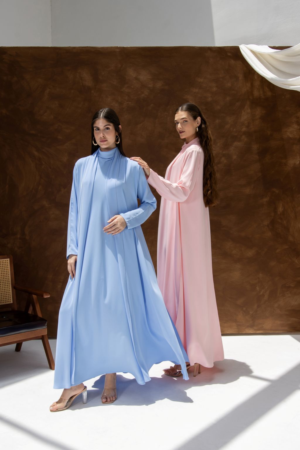 Selected Lines abaya in blue and pink classic evening dress for special occasions with high neck and long sleeves