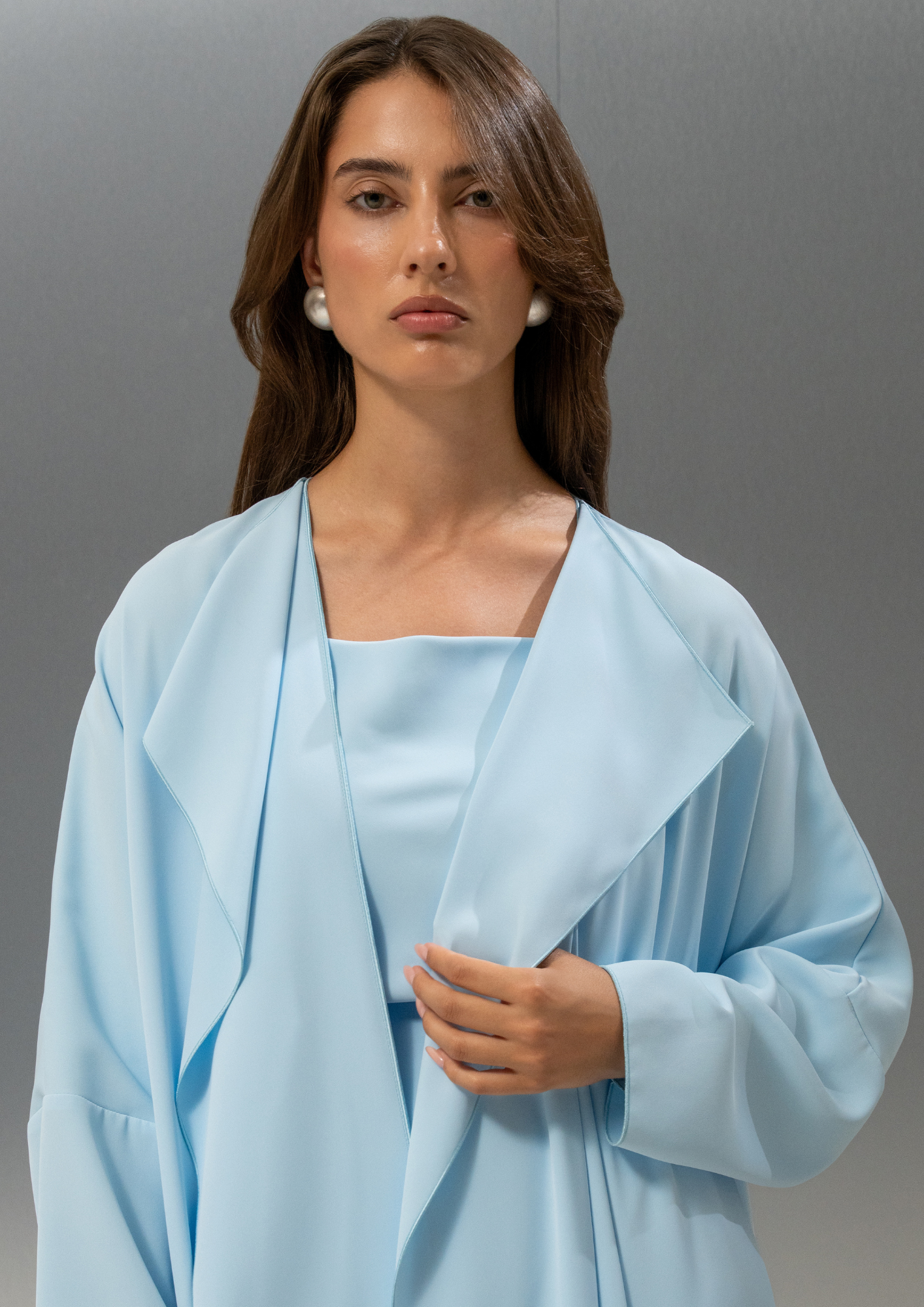 Selected Lines Celeste abaya in baby blue Japanese crepe worn full length