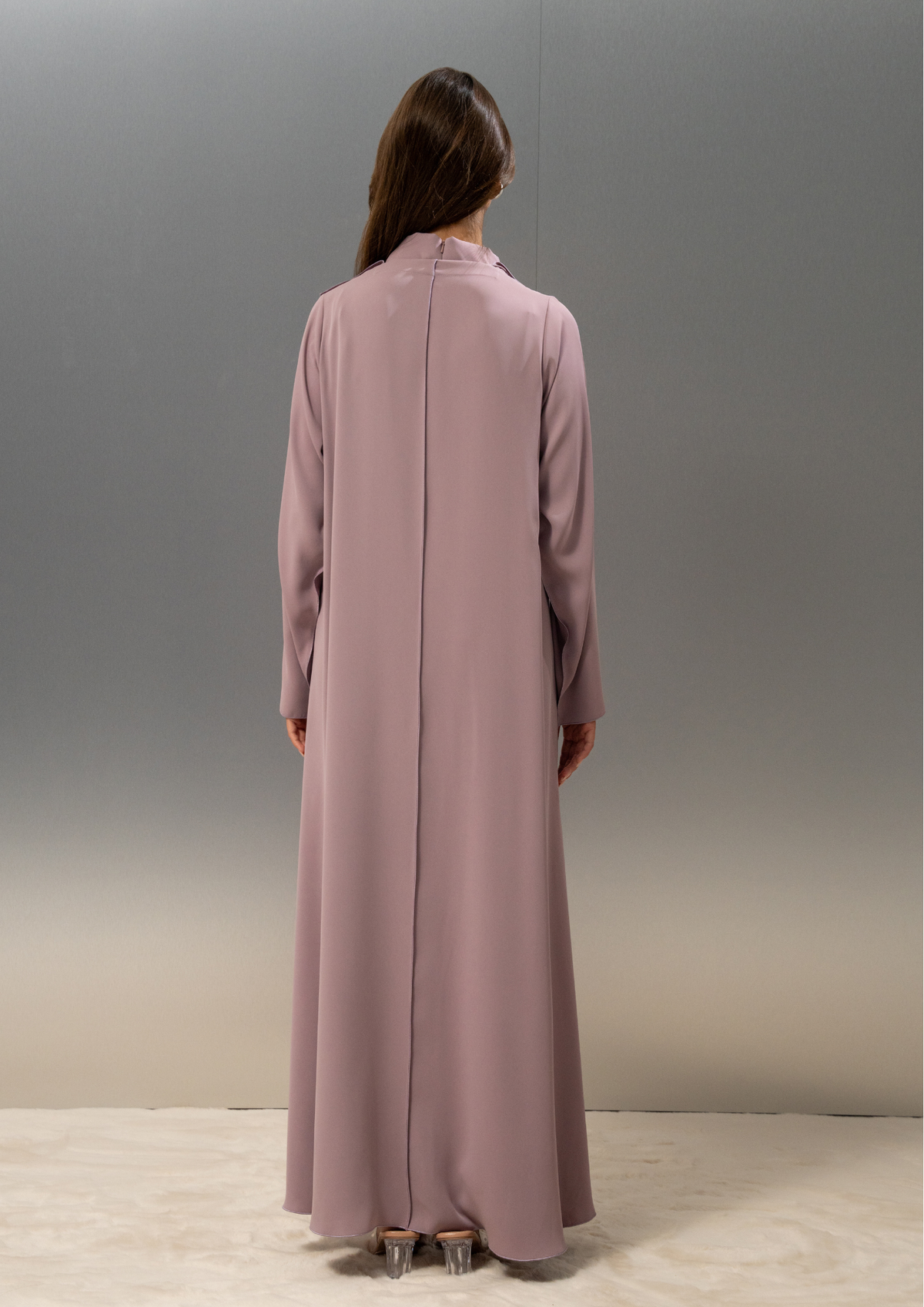 Champagne abaya in powder pink Japanese crepe, A-line cut, by Selected Lines