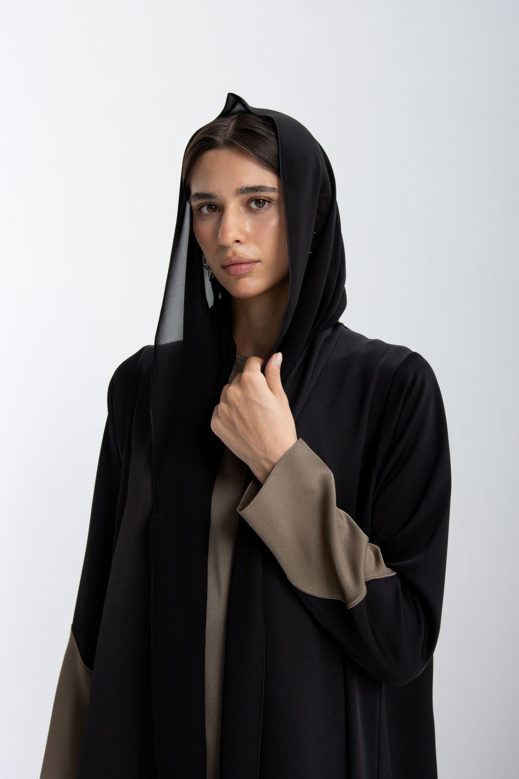 Elegant black designer abaya high quality with contrasting beige sleeves and matching hood