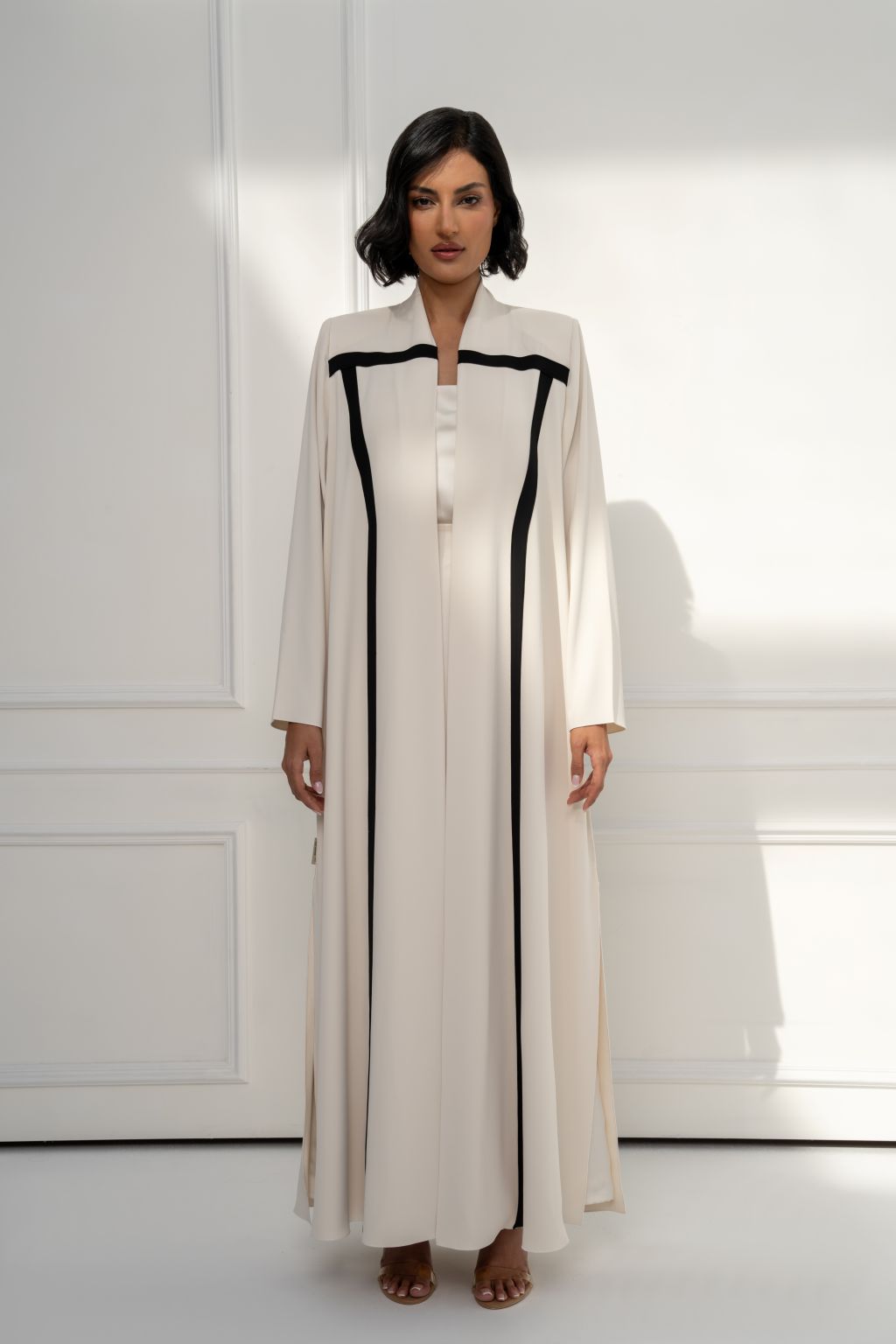 Selected Lines Cream Abaya with Black Trim Design, Elegant for Designer Evening Wear for Women