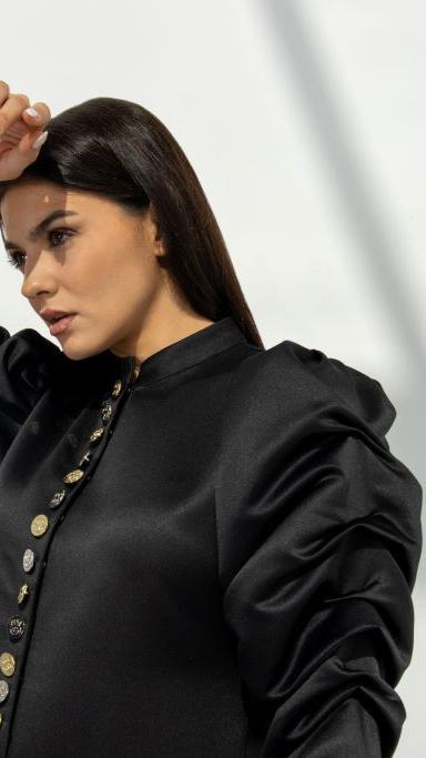 Selected Lines elegant button line dress in black with puff sleeves and detailed buttons