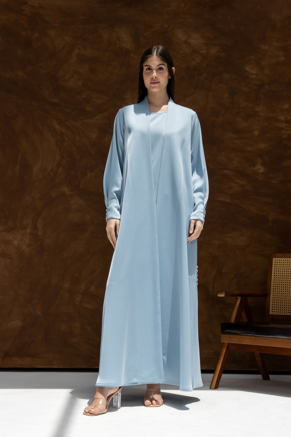 Selected Lines elegant Buttoned Breeze blue abaya with long sleeves and minimalist design