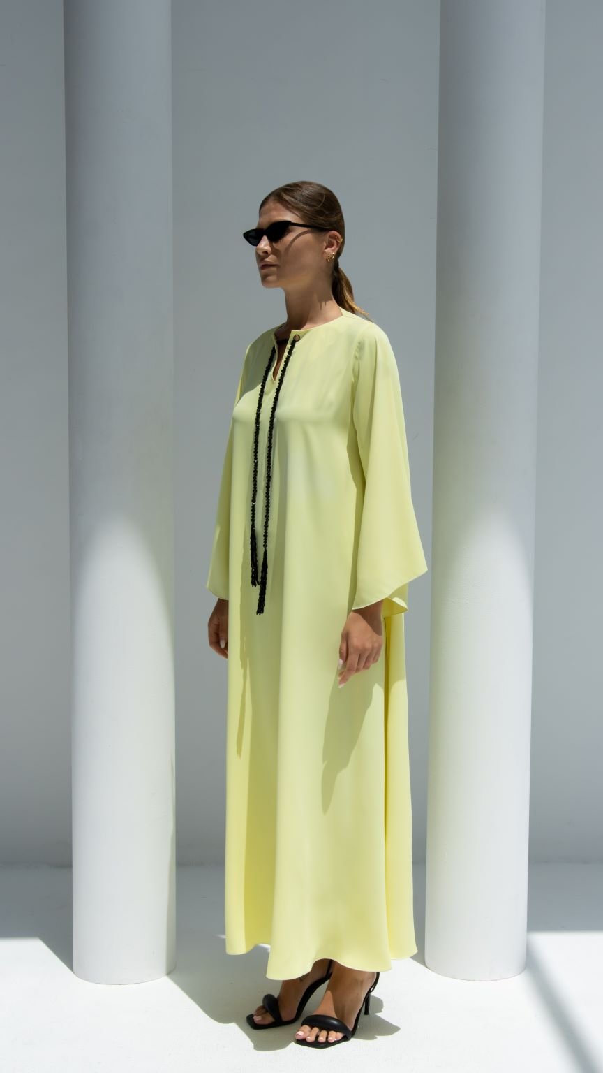 Selected Lines Elegant Chain Dress in Soft Yellow with Flowing Sleeves and Stylish Design