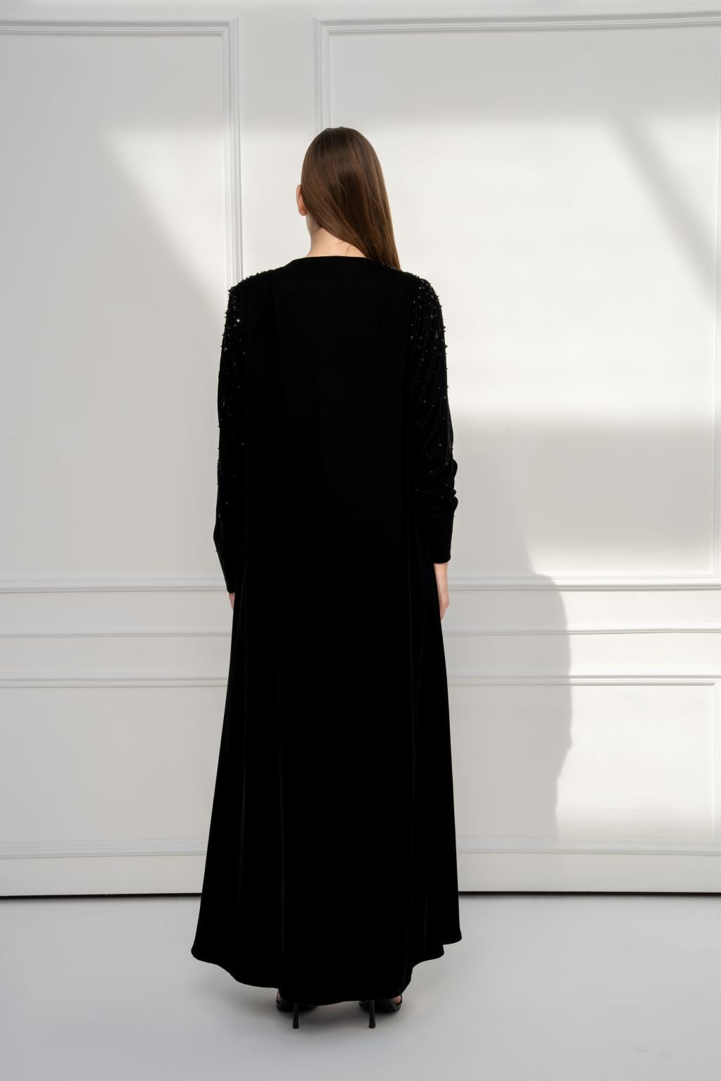 Selected Lines elegant formal outerwear abaya in black with intricate beaded sleeve design