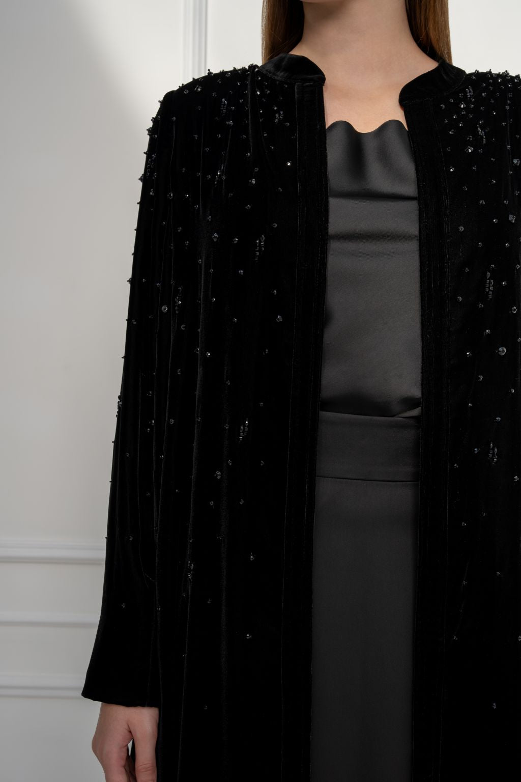 Selected Lines elegant formal outerwear abaya in black velvet with intricate embellishments for a sophisticated look