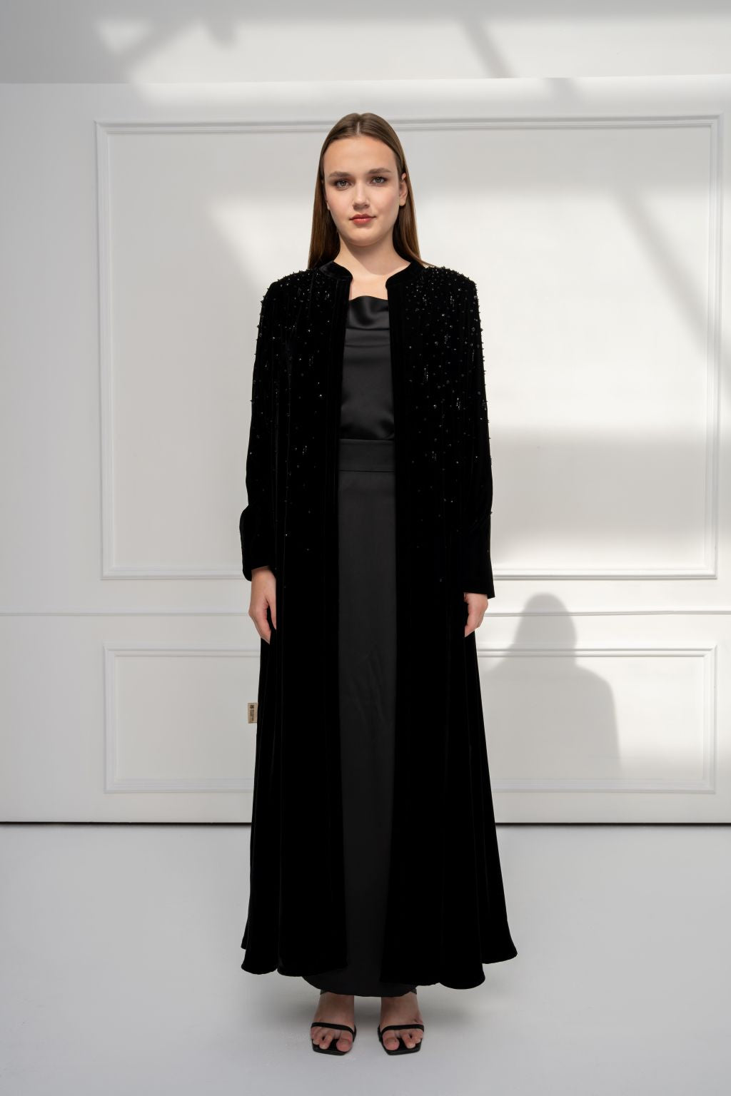 Selected Lines elegant formal outerwear abaya in black velvet with embellished design for a sophisticated look