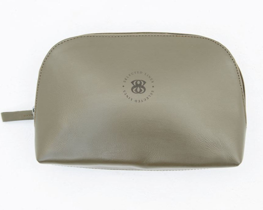 Selected Lines elegant leather pouch in olive green with a smooth texture and logo detail