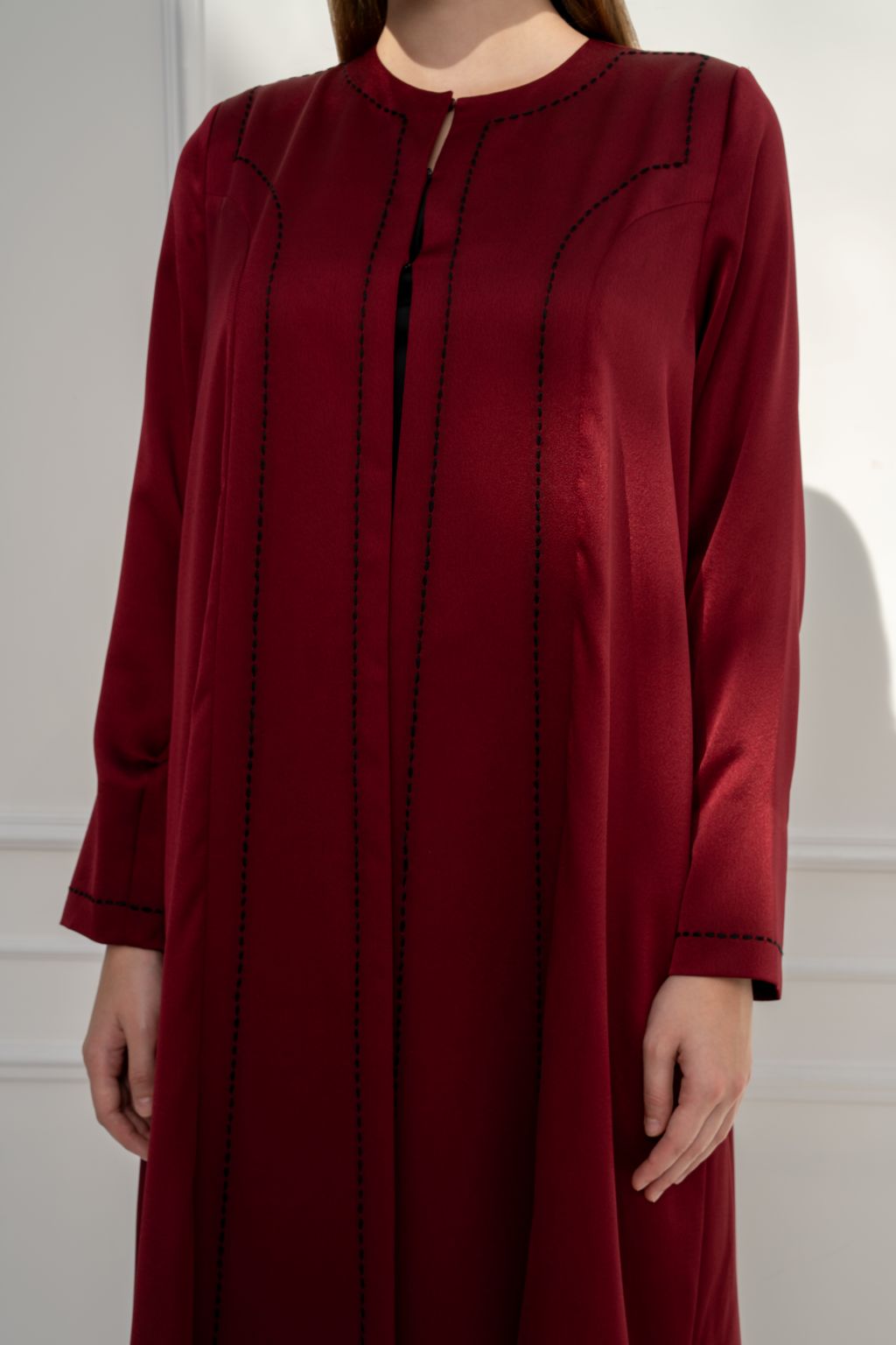Selected Lines Elegant Modest Evening Dress in Burgundy with Stylish Stitching and Button Detail