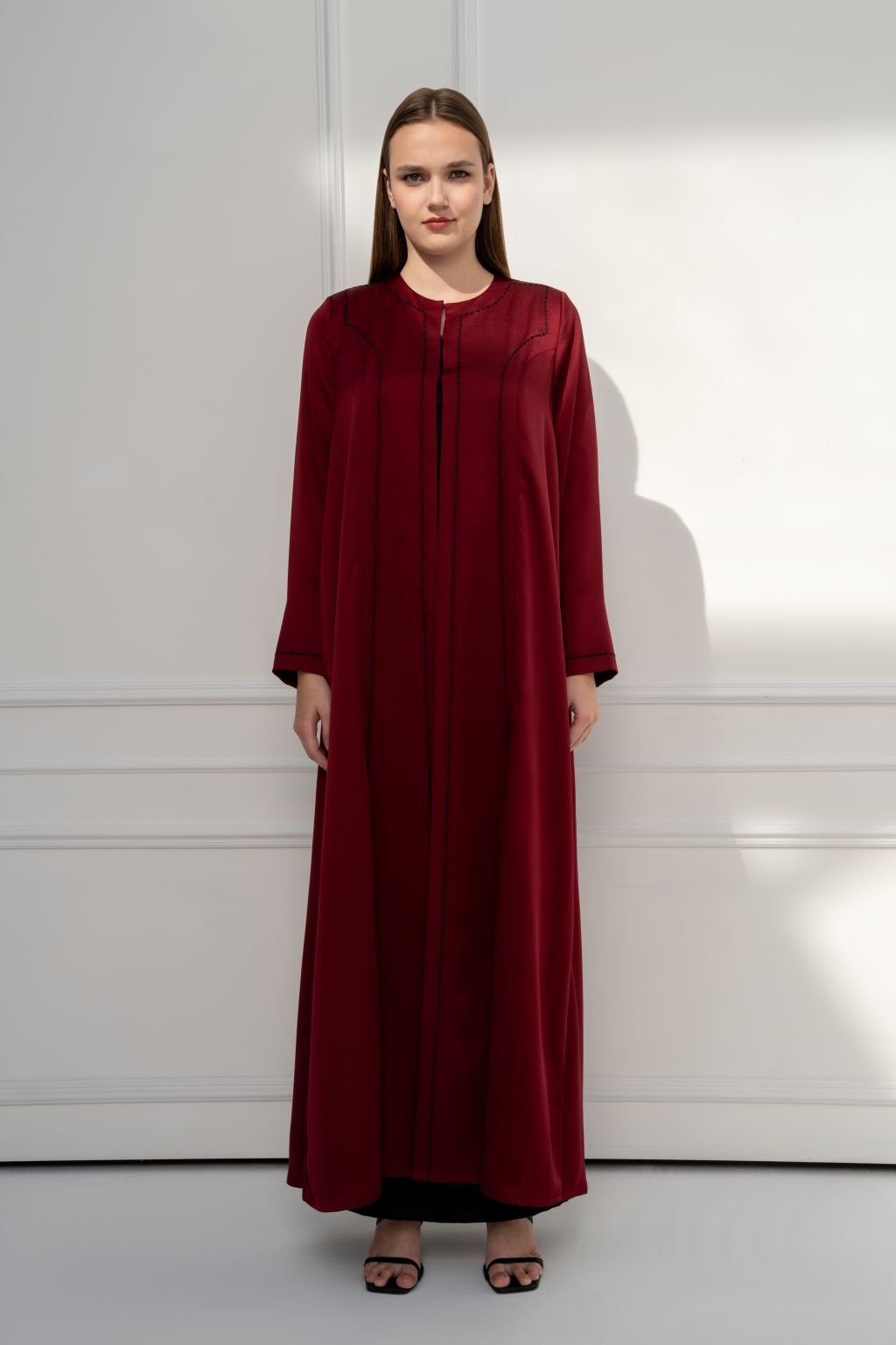 Selected Lines Burgundy Abaya with Elegant Modest Evening Dress Design and Simple Pleats