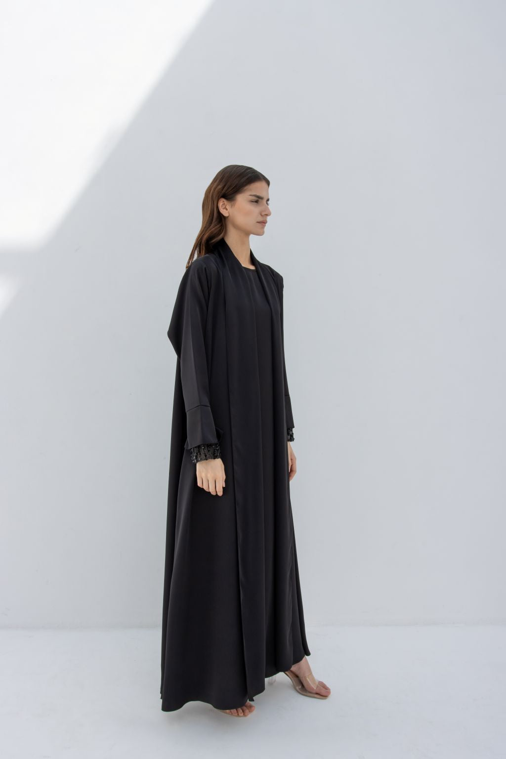 Selected Lines elegant sleeve crystals abaya in black with detailed crystal embellishments on the sleeves