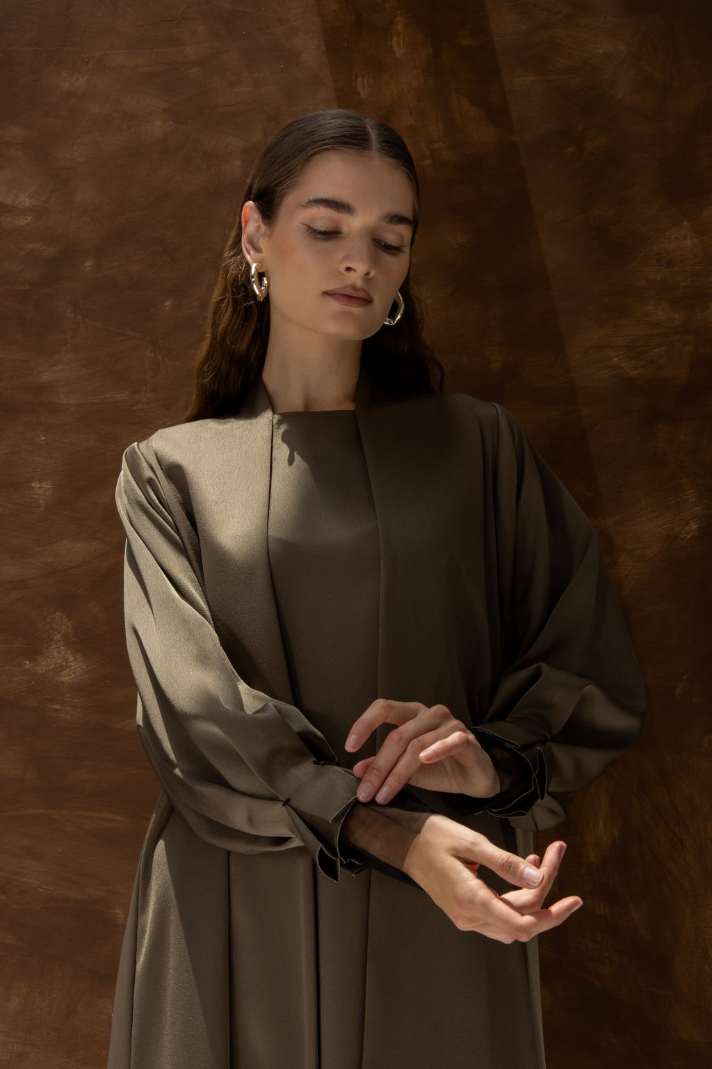 Selected Lines elegant women’s evening gown abaya in muted brown with long flowing sleeves