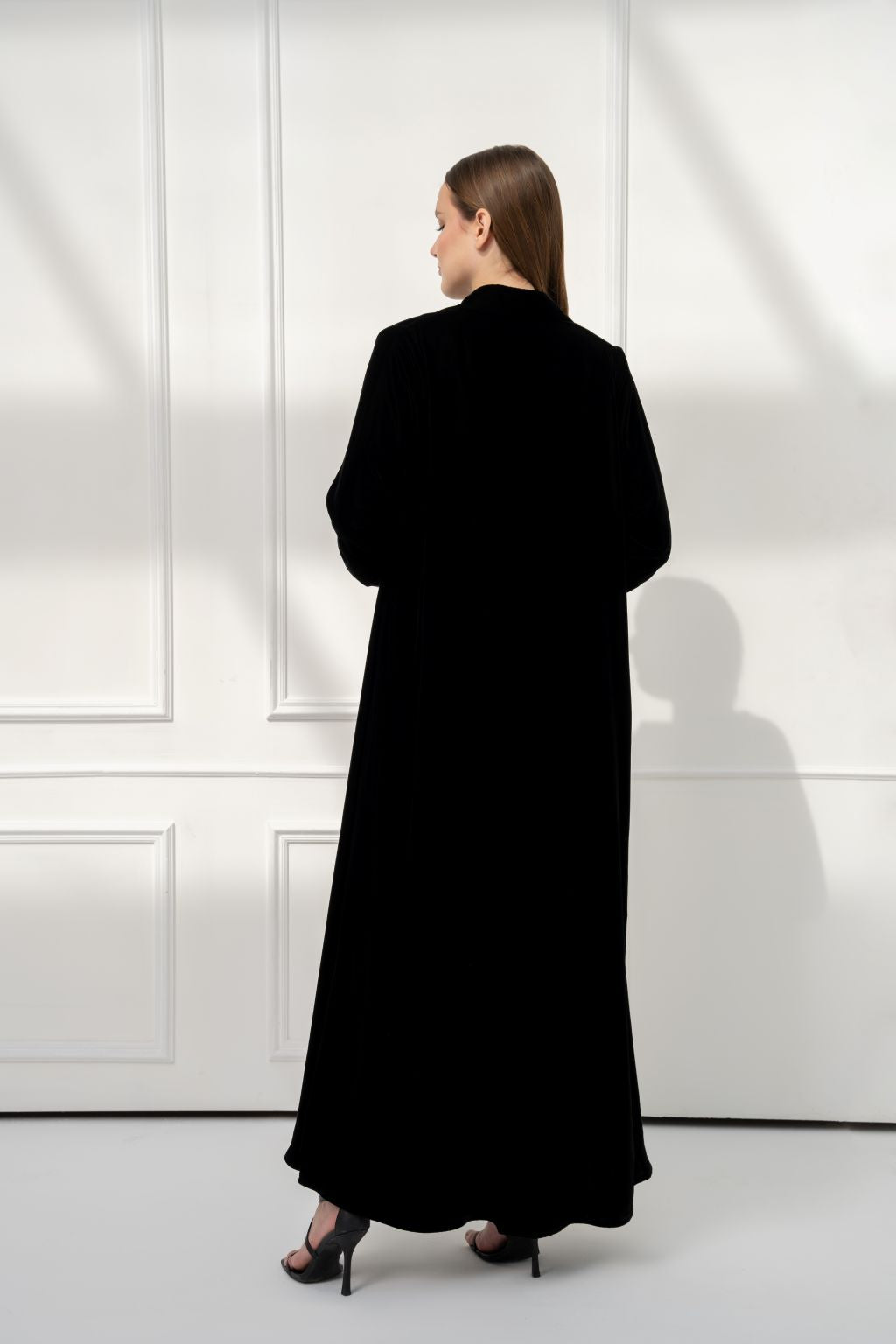Black floral contrast abaya by Selected Lines with elegant long sleeves and a flowing design
