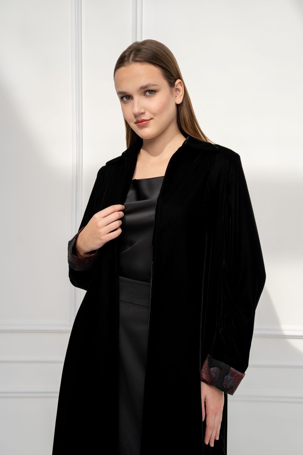 Selected Lines floral contrast abaya in black velvet with floral cuff detailing for elegant style
