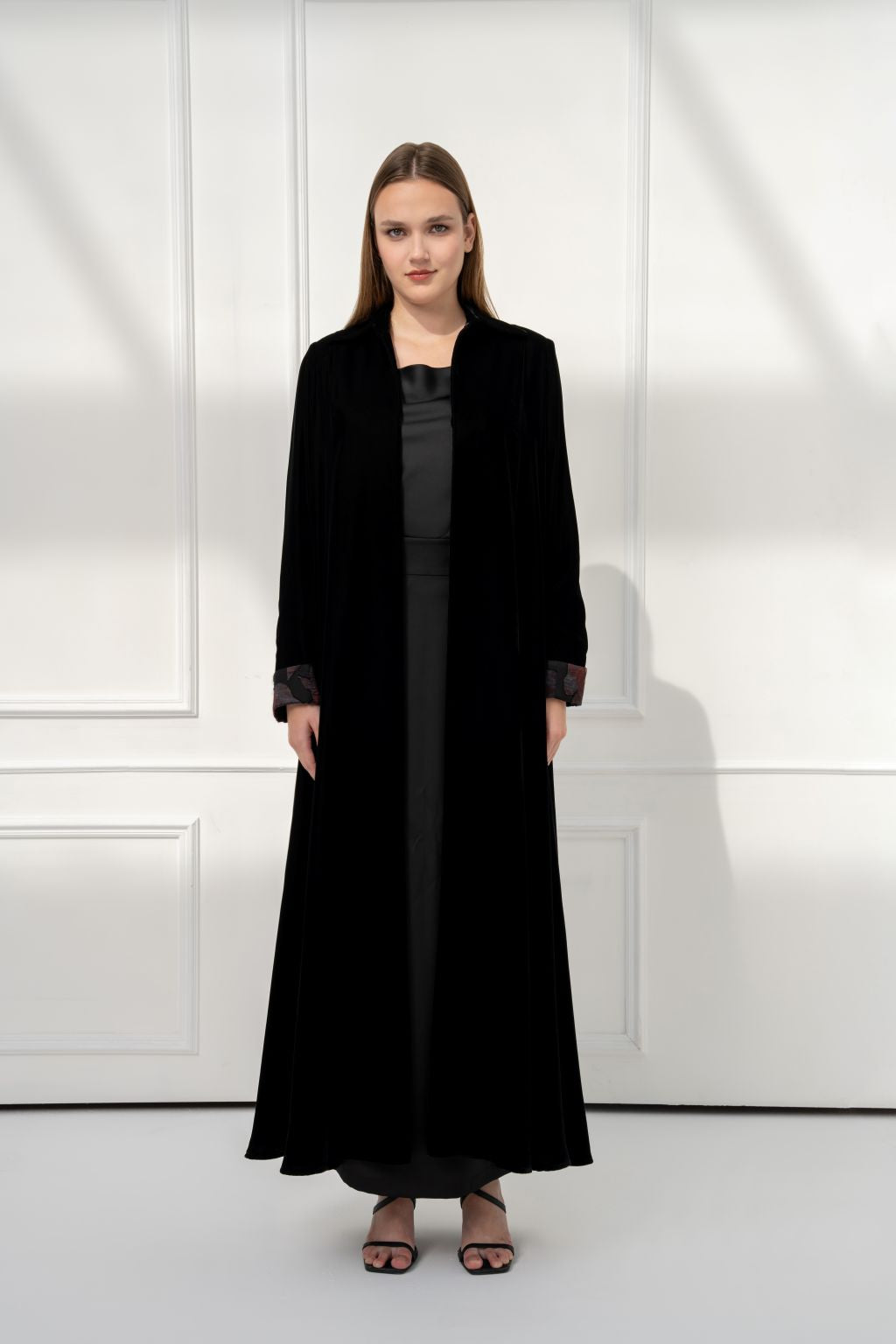Selected Lines Floral Contrast Abaya in black with elegant floral details and tailored design for modern styling.