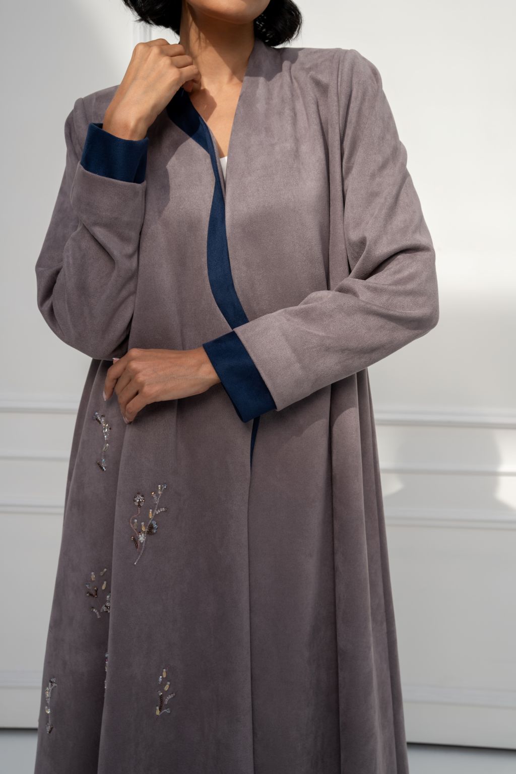 Selected Lines high quality fashion statement abaya in gray with blue accents and elegant embroidery