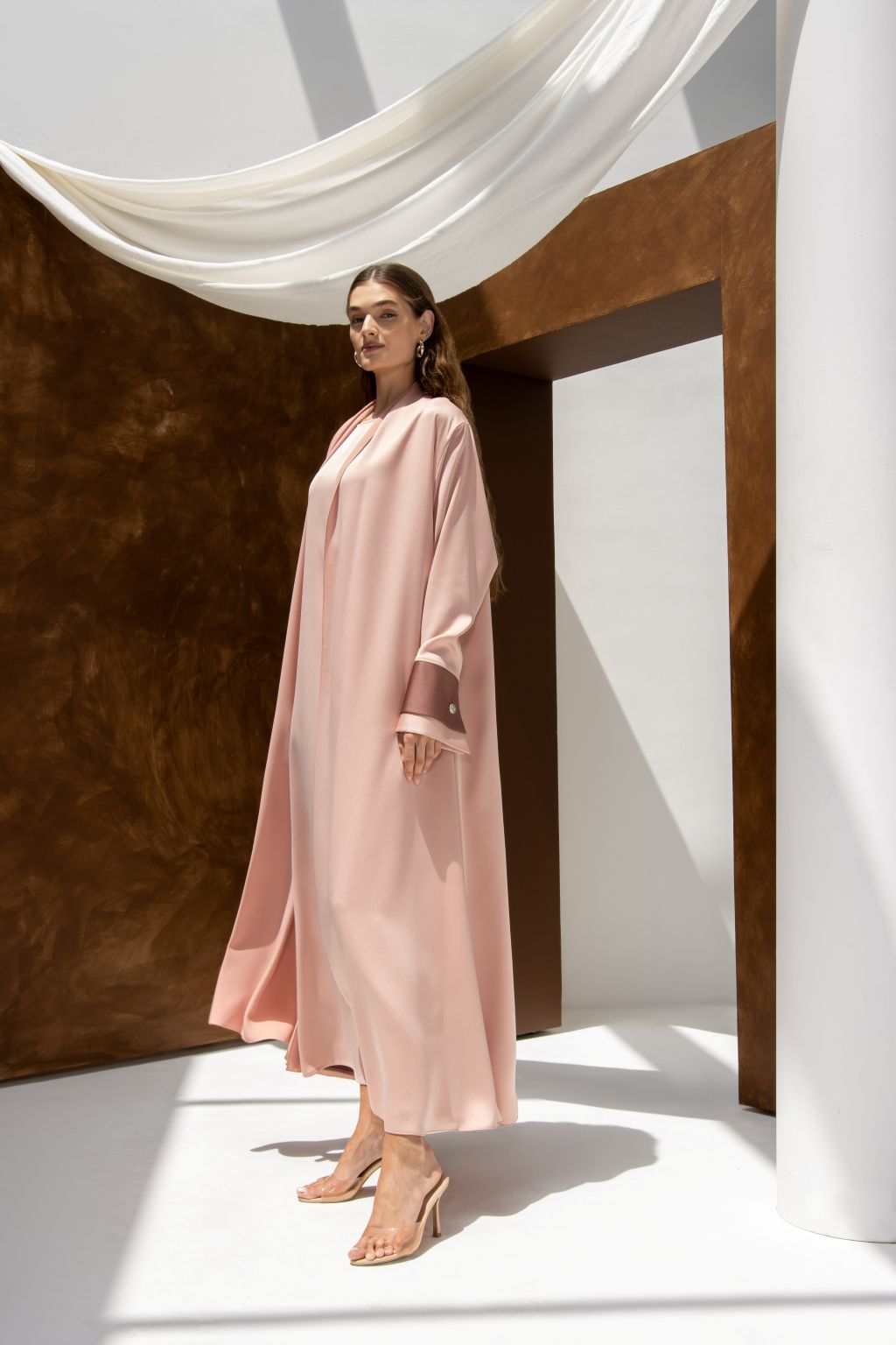 Selected Lines high quality formal abaya in soft pink with long sleeves and elegant flowy design